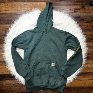 Carhartt Men’s Green Hoodie with Gold Logo on the Sleeve size Small